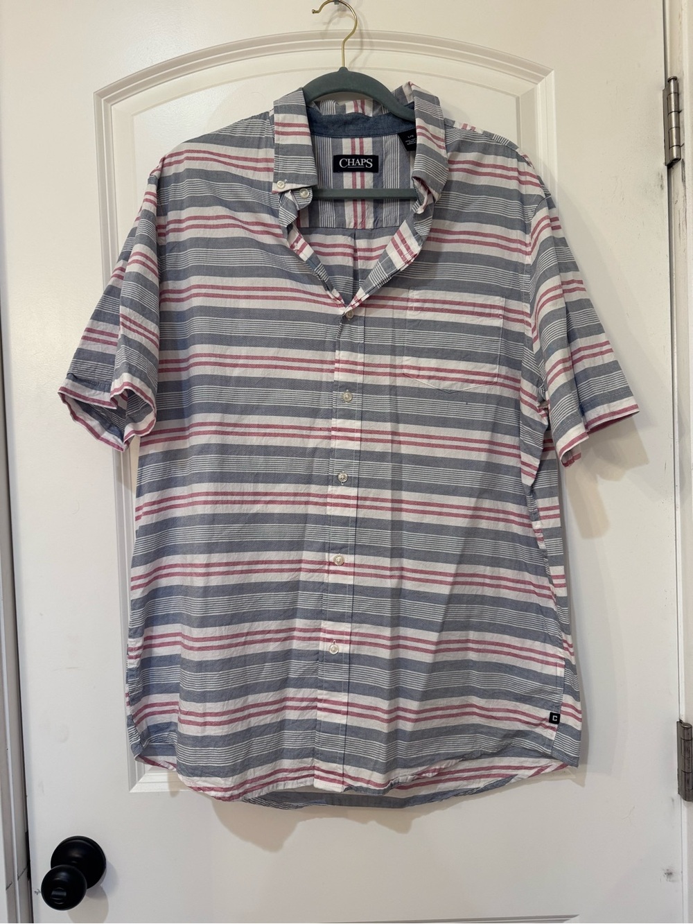 Chaps Men's Short-Sleeve Button-Down Shirt in Gray, White & Red Stripe